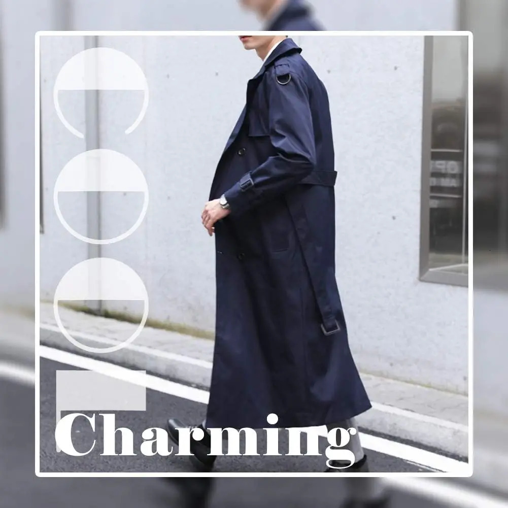 Mans Double Breasted Trench Coat Oversized Casual Windbreaker Lapel Long Overcoat 251014