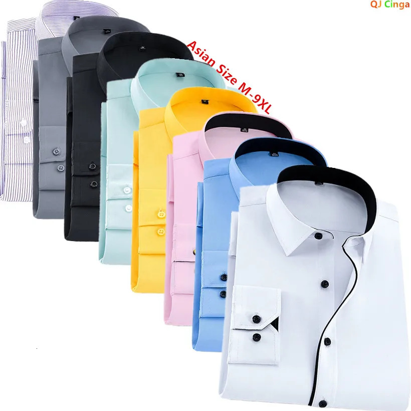 White Men Twill Long Sleeve ShirtSingle Breasted Lapel Asian Size ShirtsWeddingBusinessOfficeCasual Tops CamisasM8XL 9XL 251020