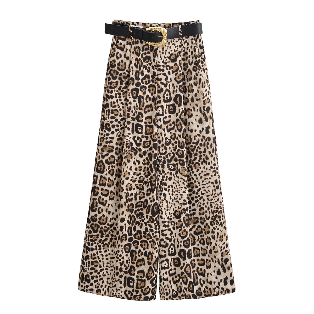 UNIZERA Leopard Satin with Belt High Waisted Trousers Wide Leg Pants Womens Clothing 2025 Summer Arrivals Casual Pants 251022