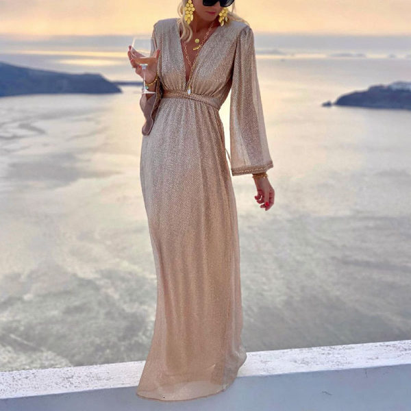 European and American designers fashion hot foreign trade women's clothing spot fashion apricot V-neck long sleeved sequined dress
