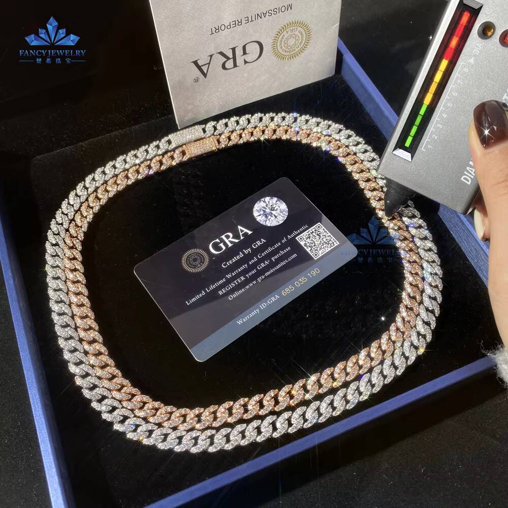 White Gold Rose Gold Plated Full Setting Diamond Miami Cuban Chain 925 Silver 6mm 1rows Moissanite Diamond Chain for Men