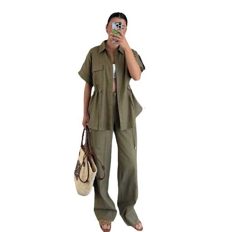 Fashion Solid Color Drawstring Button Shortsleeved Tops Work Pants Sets Women Summer Top Pocket Work Pants Sets For Women 2025T251022