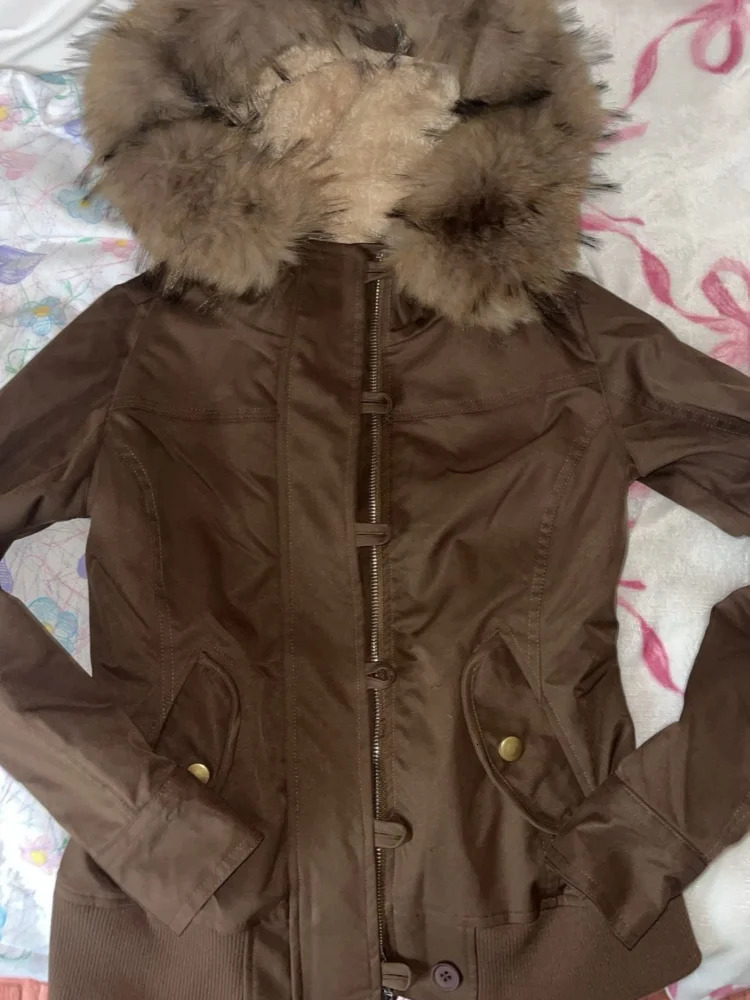 Fashion Outerwear Brown Jackets Womens Coat Slim Fit Vintage Fur Collar Kpop Femme Zipper Clothes Harajuku Y2k High Street Tops 251021