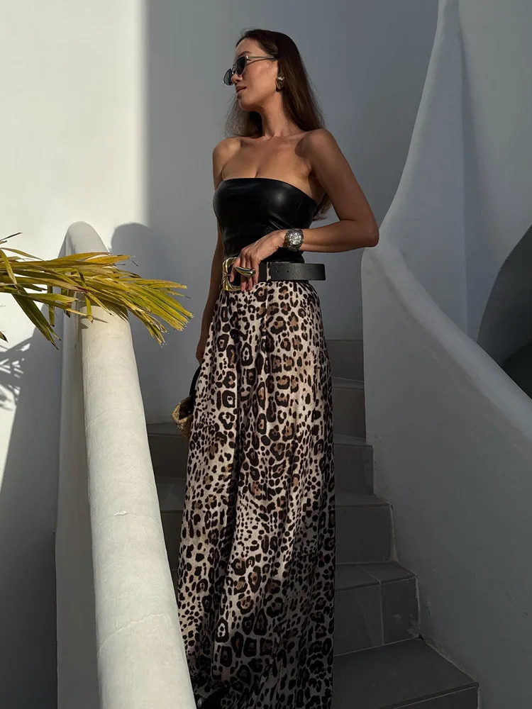 UNIZERA Leopard Satin with Belt High Waisted Trousers Wide Leg Pants Womens Clothing 2025 Summer Arrivals Casual Pants 251022