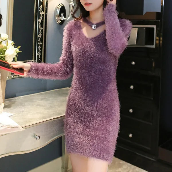 Womens MidLength Knitted Sweater VNeck Full Sleeve Faux Fur Base Layer Loose Fit Autumn Winter Style Korean Version 251016