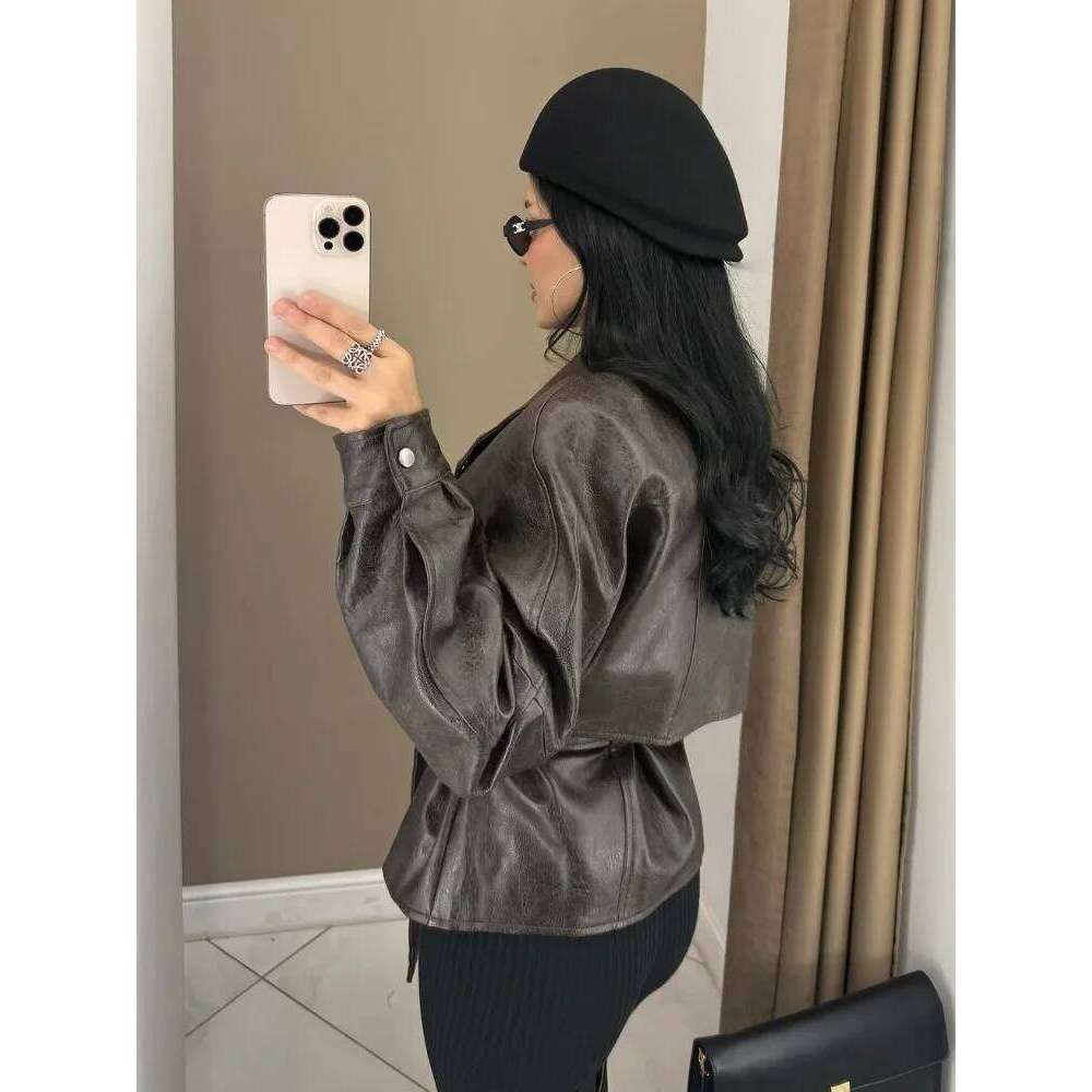 Retro Solid Lapel Collar Leather Short Jacket Women Long Sleeve Belted Zipper Pocket Loose Outerwear 2025 New Autumn Daily Coats