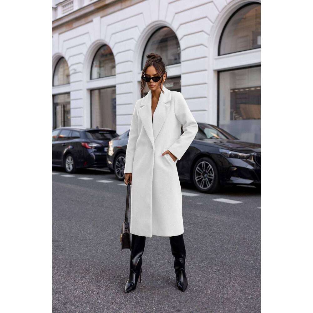 Womens Trench Winter Notched Lapel One Button Mid-Long Pea Coat Casual Work+Office Overcoats Jacket with Pockets