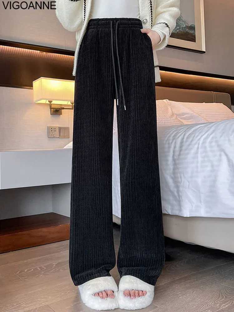 VigoAnne 2025 Female Casual Black Velvet Wide Leg Pants Autumn Women Sport Pants Winter LadyGym High Waist Warm Baggy TrousersT251022