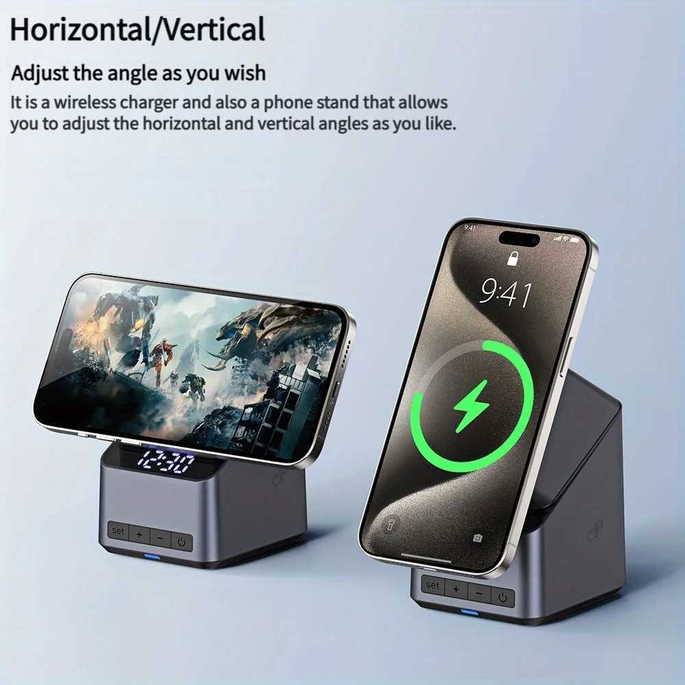 4 In 1 Magnetic Wireless Charger OneTouch 180 Rotation Digital Clock DisplayFast Charging Station For iPhone iWatch AirPods J251114