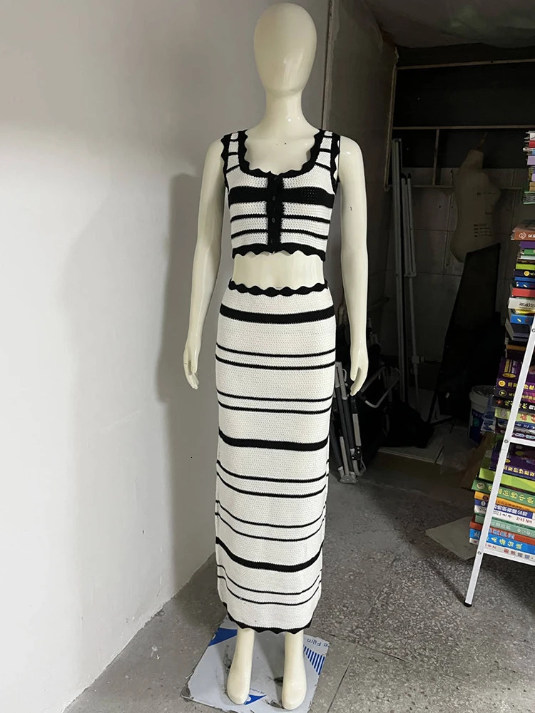 Summer Fashion Lady Beach Outfits Casual Striped Knitted 2 Piece Set Women Single Breasted Tank Tops Long Skirts Female Set 251020