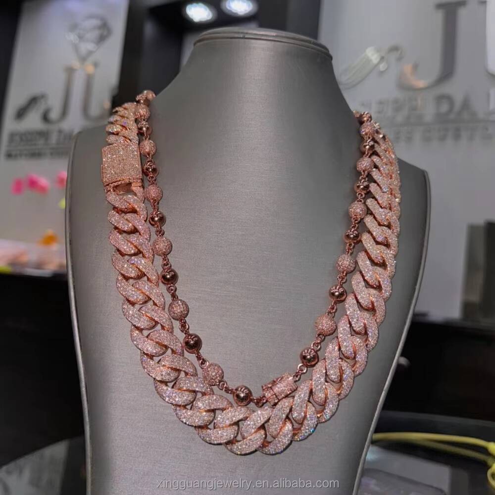 Yu Ying 925 Sterling Silver Cuban Chain 10mm Width Moissanite Diamond Ball Shape Hip Hop Necklace Cuban Lidynamic Chain