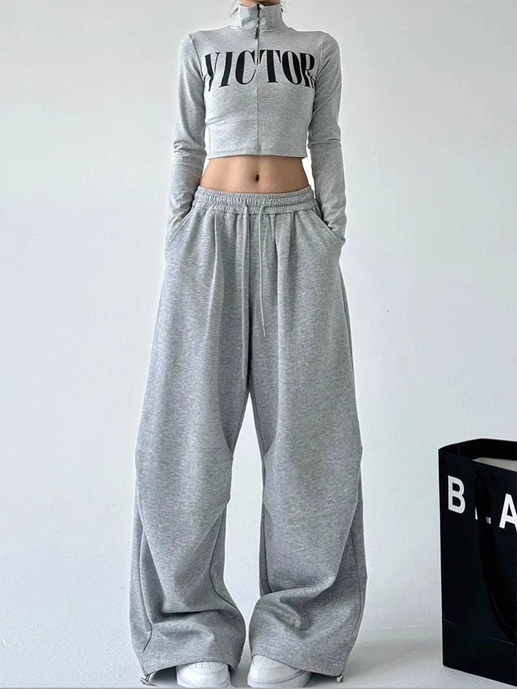Y2K Harajuku Wide Leg Sweatpants Women Streetwear Baggy Oversize Gray Sports Pants High Waist Drawstring Casual Joggers Trousers 251022
