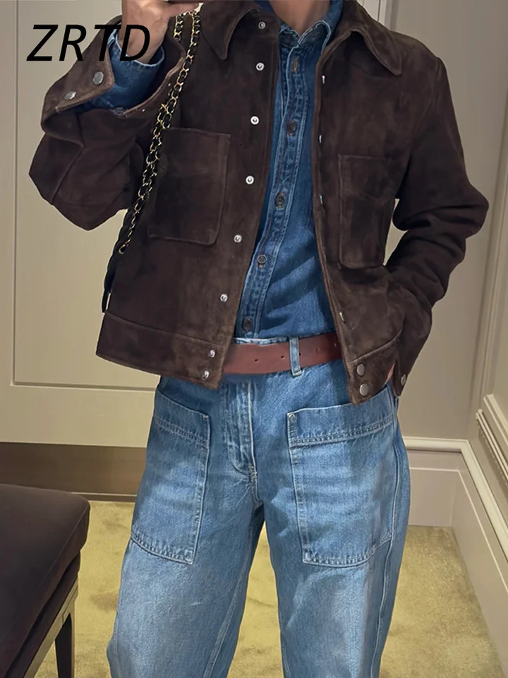 Street Womens Short Brown Suede Jacket Lapel Single Breasted Full Sleeve Pocket Female Coats Autumn Lady Commute Outerwear 251020