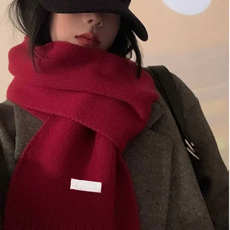 Winter Christmas New Years Wool Solid Color Scarf Womens Cashmere Knitted Korean Versatile Soft Thickened Warmth Muffler J251022