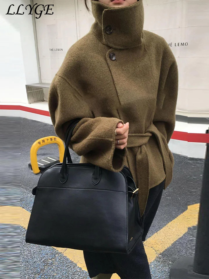 Street Womens Belt Stand Collar Woolen Coats Chic Single Breasted Full Sleeve Jacket Autumn Winter Lady Commute Outwear 251021