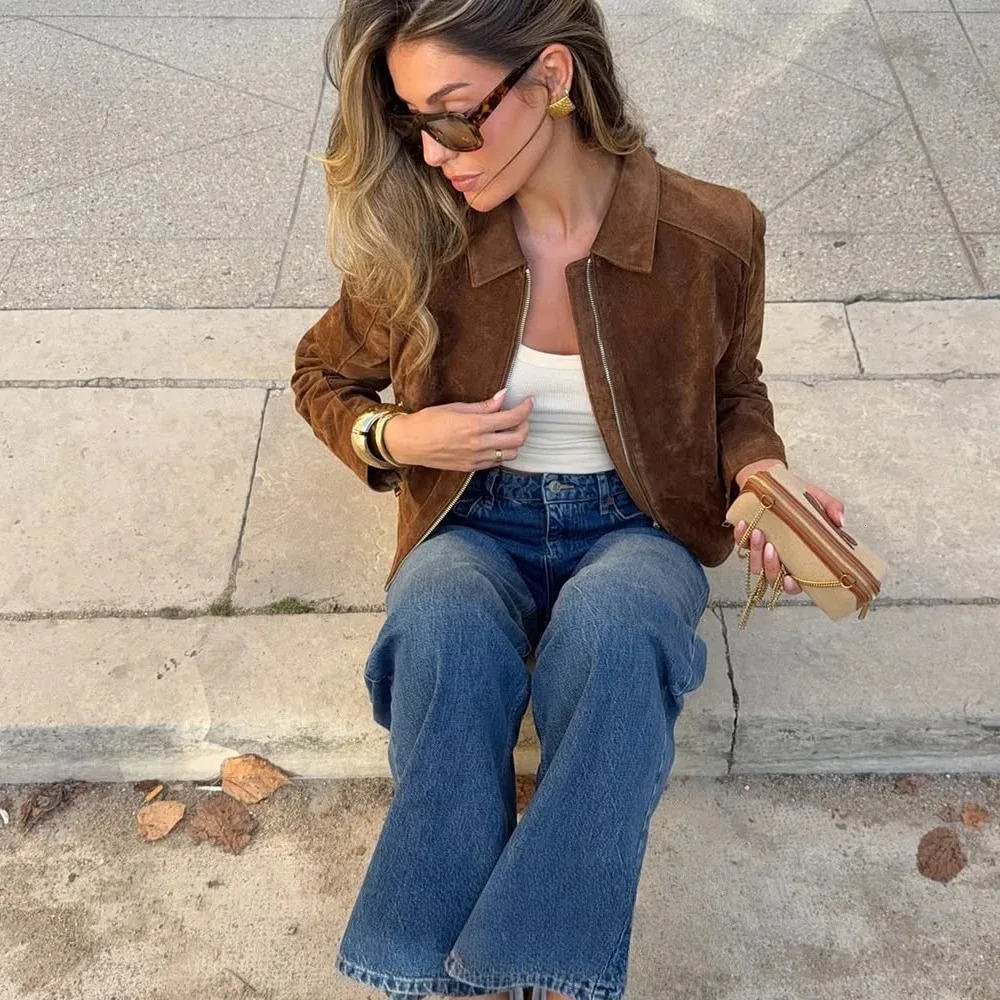 KONDALA Streetwear Suede Slim Jackets Women Zipper Pockets Long Sleeve Coats Fashion Fall Casual Vintage Elegant Outwears 251021