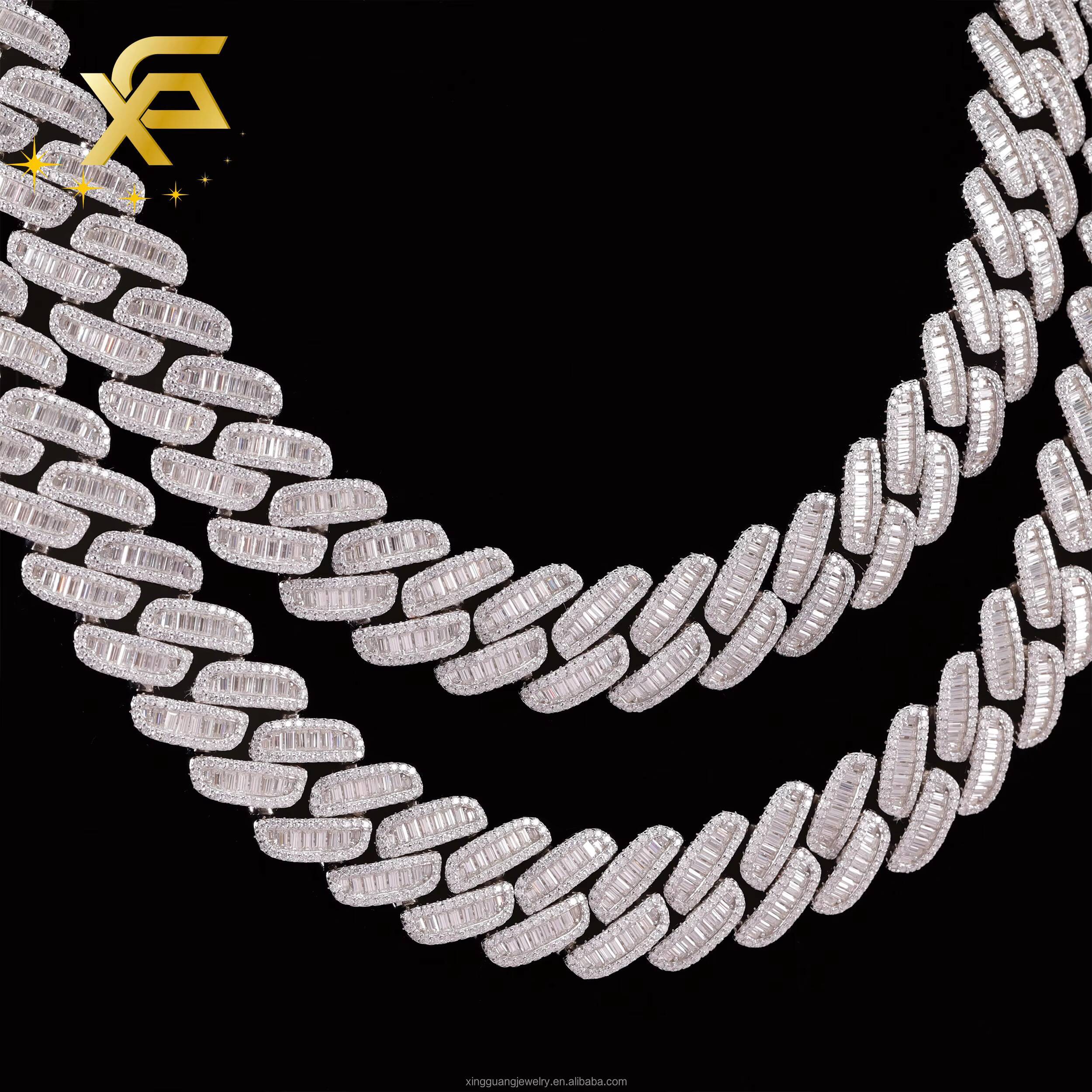 Round Moissanite Cuban Lidynamic Chain 18MM Baguette Diamond Cuban Necklace 925 Silver Hip Hop Iced Out Cuban Chains