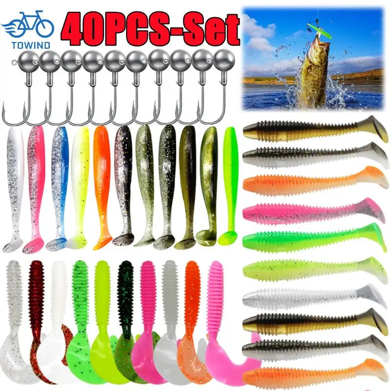 40PCS Soft Fishing Lures Kit Silicone Lure Set Artificial Bait Worm with Crank Jig Head Hooks Fishing Tackle Accessories 251021