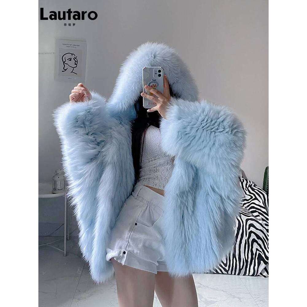 Lautaro Winter Shaggy Hairy Thick Warm Soft Colored Faux Fur Jacket Women with Hood Bat Sleeved Loose Casual Designer Clothes