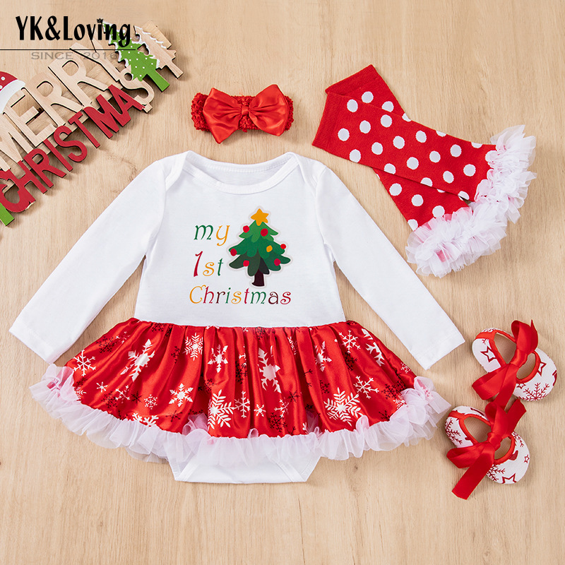 Winter Christmas Baby Girl Romper Dress Set Large Snowflake Print Long Sleeve Infant Onesies 4-Piece Set for Wholesale