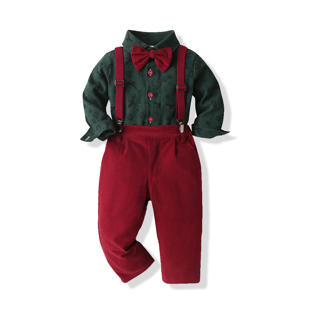 Kids' Autumn Christmas Outfit Foreign Trade Long-Sleeve Shirt & Suspender Pants Set Toddler Boys' Formal Birthday Wear