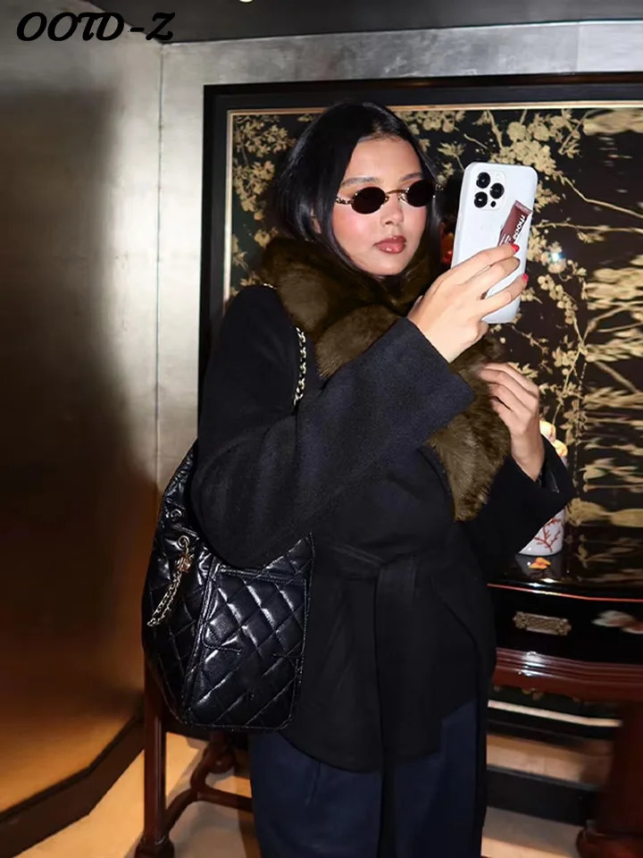 Elegant Faux Fur Lace Up Woolen Coat Women Shawl Collar Belted Waist Full Sleeve Coats Female Autumn Winter Fashion Lady Outwear 251021