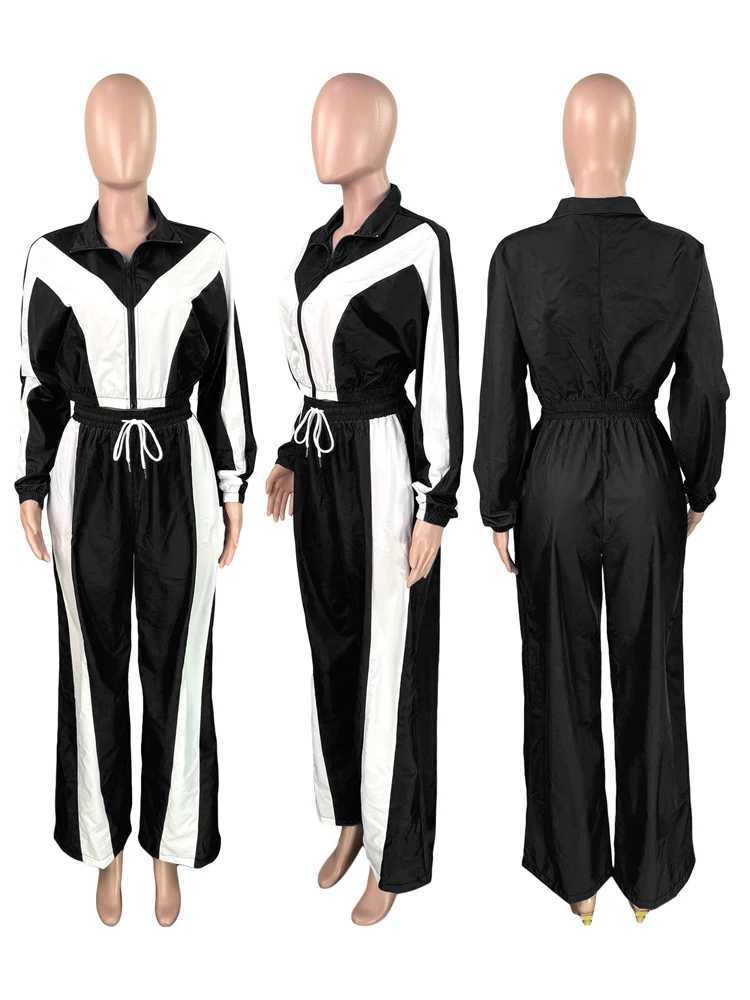 Fashion Women Sets Color Block Zip Crop Jacket and Wide Leg Pants Suit 2025 Fall Two 2 Piece Windbreaker Set Tracksuit OutfitsT251022