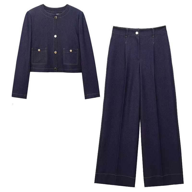 HXAO Woman 2025 Denim Pant Sets Womens Two Pieces Set Elegant Crop ONeck Coat Suit Set 2 Piece Woman High Waist Trousers SetsT251022