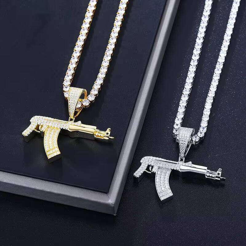 Full Silicon Stone Gold Plated Sterling Sier Subhine Gun Pistol Hip Hop Pendant Men's Handmade Jewelry