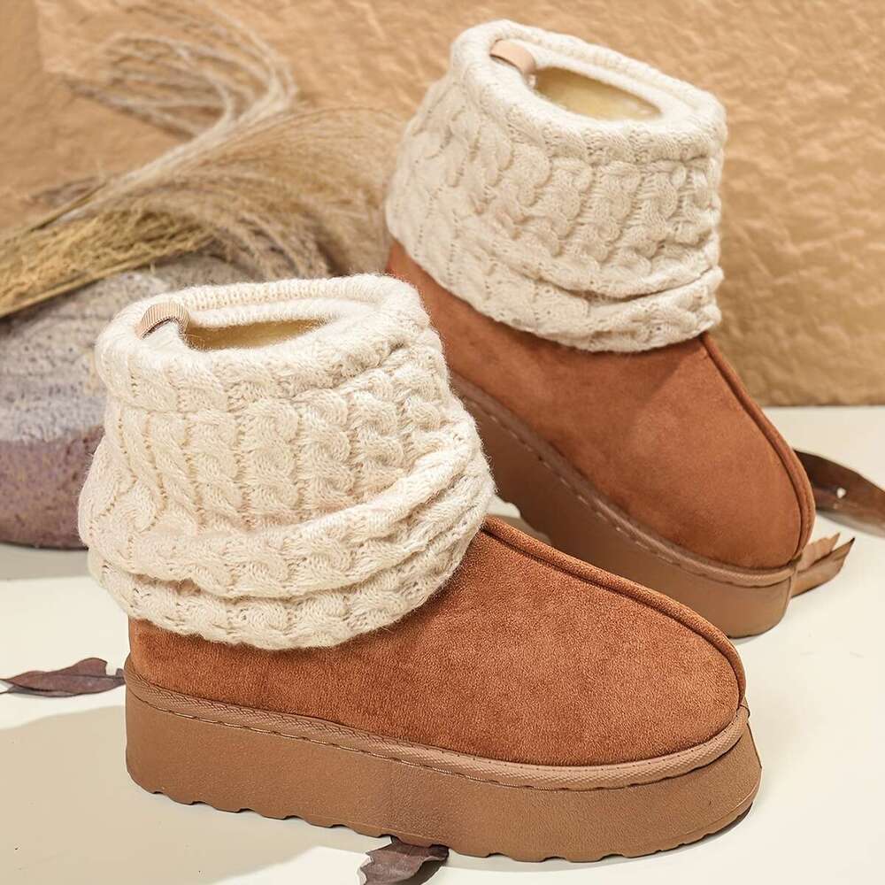 Women's Cozy Slip-On Mid-Calf Boots With Thick Platform Round Toe Cuff Soft Fabric Upper, Faux Cover Sole, Beige, Brown, Black - Perfect For Outd