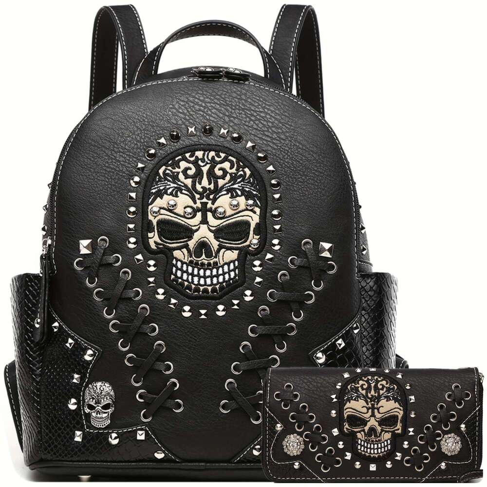Women's Punk Set Large Synthetic Biker Bag Detachable Strap, Zippered Compartments, Skull & Spiked Design High Quality Soft Shell With Wallet Att
