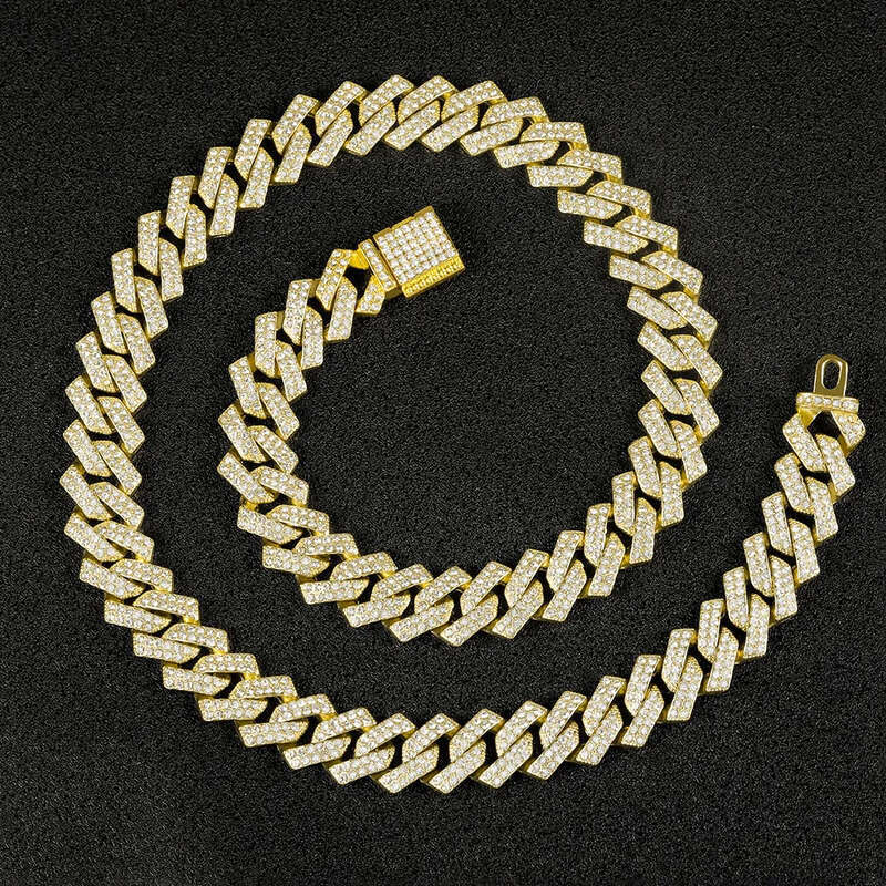 Hot selling hip-hop classic Cuban for women 15MM gold alloy full dia necklace trendy mens style