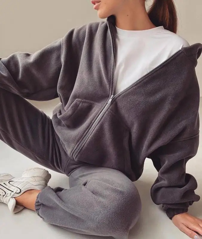 2025 Casual Women Fleece Hoodie Two Piece Sets Hooded Zipper Outerwear And Harem Pant Suit Winter Fashion Streetwear Tracksuit 251010