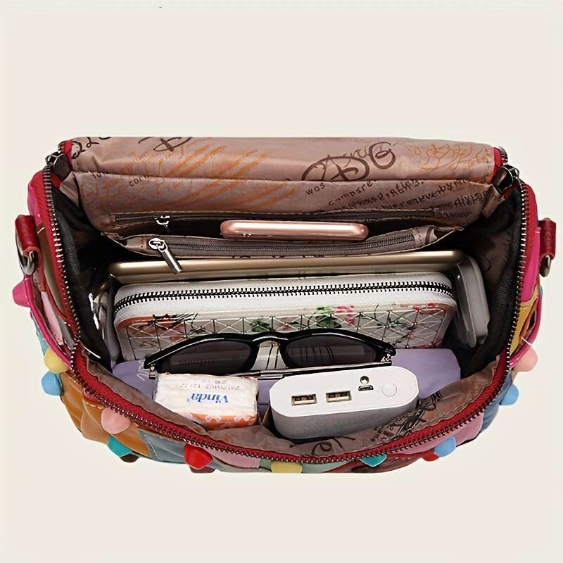 1Pc Geometric Pattern Handbag - Detachable Shoulder Strap, Zipper Closure, Polyester Lining, Multi-Functional Spacious Messenger Bag With Random Patch