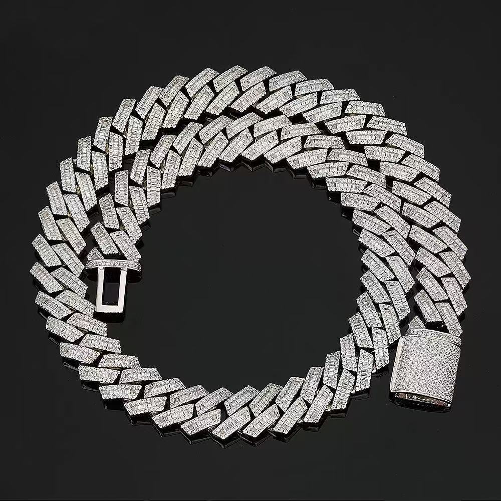 15Mm Fashion Hip Hop Jewelry Baguette Diamond Men Necklace Sterling Sier Fully VVS Moissanite Cuban Link Chain