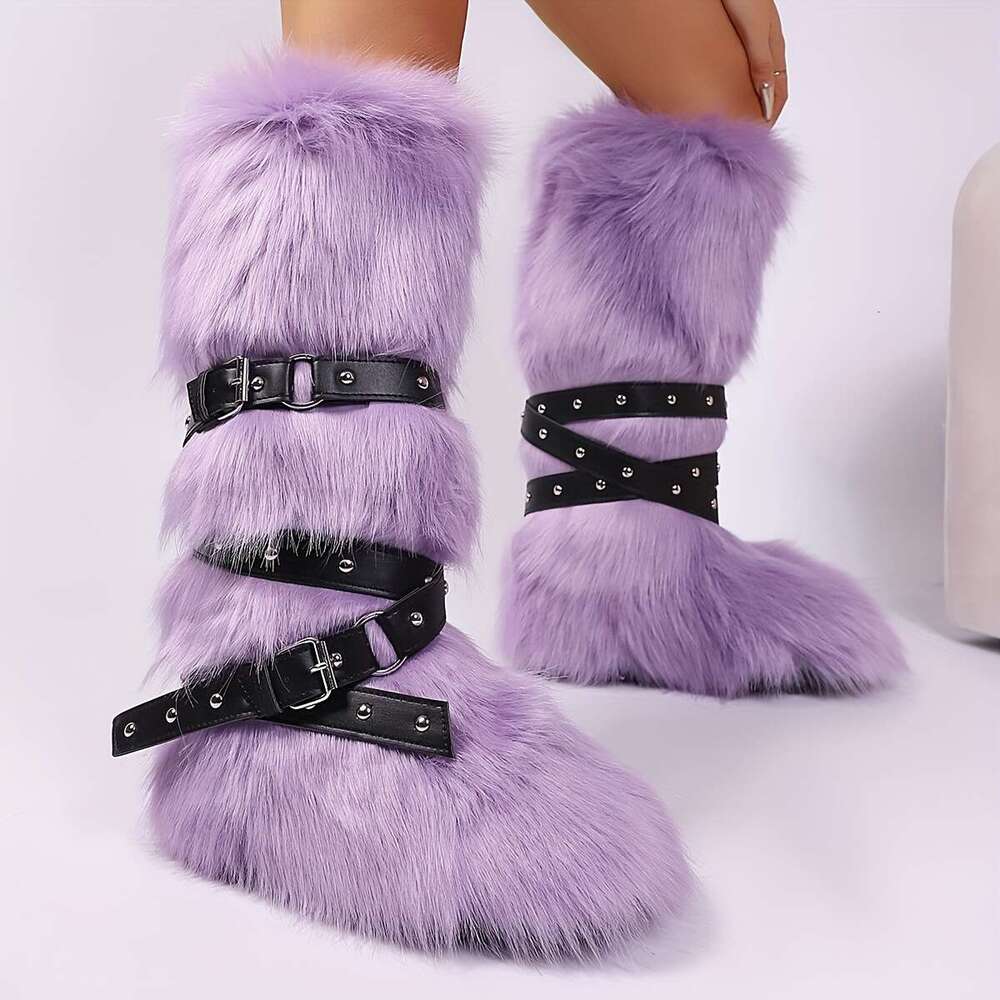 Women's Faux Fur Knee-High Buckle Stud Decorations Punk Style Plush Lining, Round Toe Flat Sole, Soft Microfiber Upper Rubber Outsole Cozy Indoor