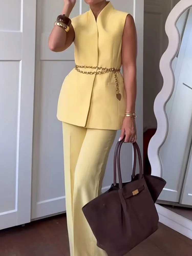 HH Women Pocket Decoration Commute Yellow Solid Pants Suit Sleeveless Button VNeck WaistcoatLoose Wideleg Zipper PantsT251022