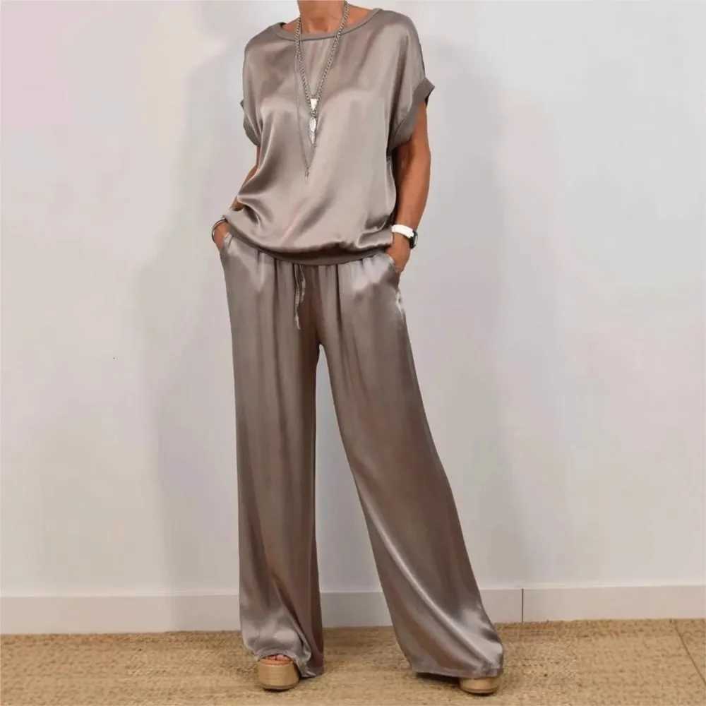 Casual Loose Satin T Shirt And Pants Two Piece Sets Women Summer Solid Short Sleeve T Shirts Suit Elegant Wide Leg Pants SetsT251022