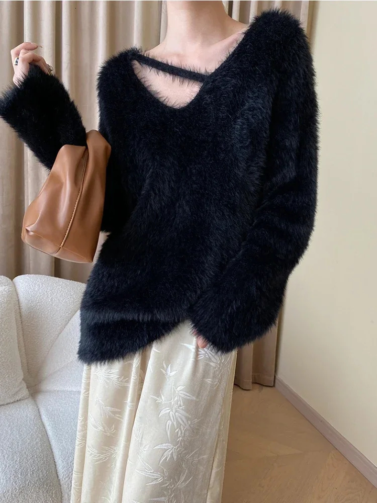 Womens Mink Velvet Vneck Pullover Loose Soft Long Sleeve Sweater French Fashion Simple Style for Autumn Winter 251016