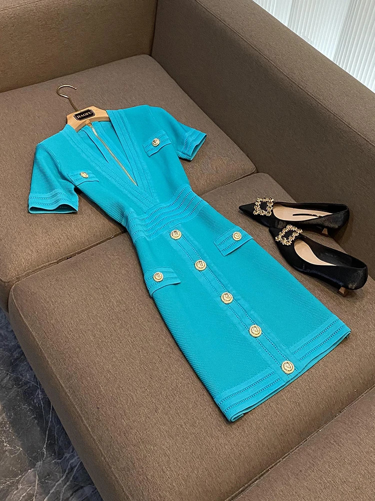 Elegant Style Office Lady Singlebreasted Solid Vneckline Short Sleeve Women Skinny Summer Mini Slim Dress 251020