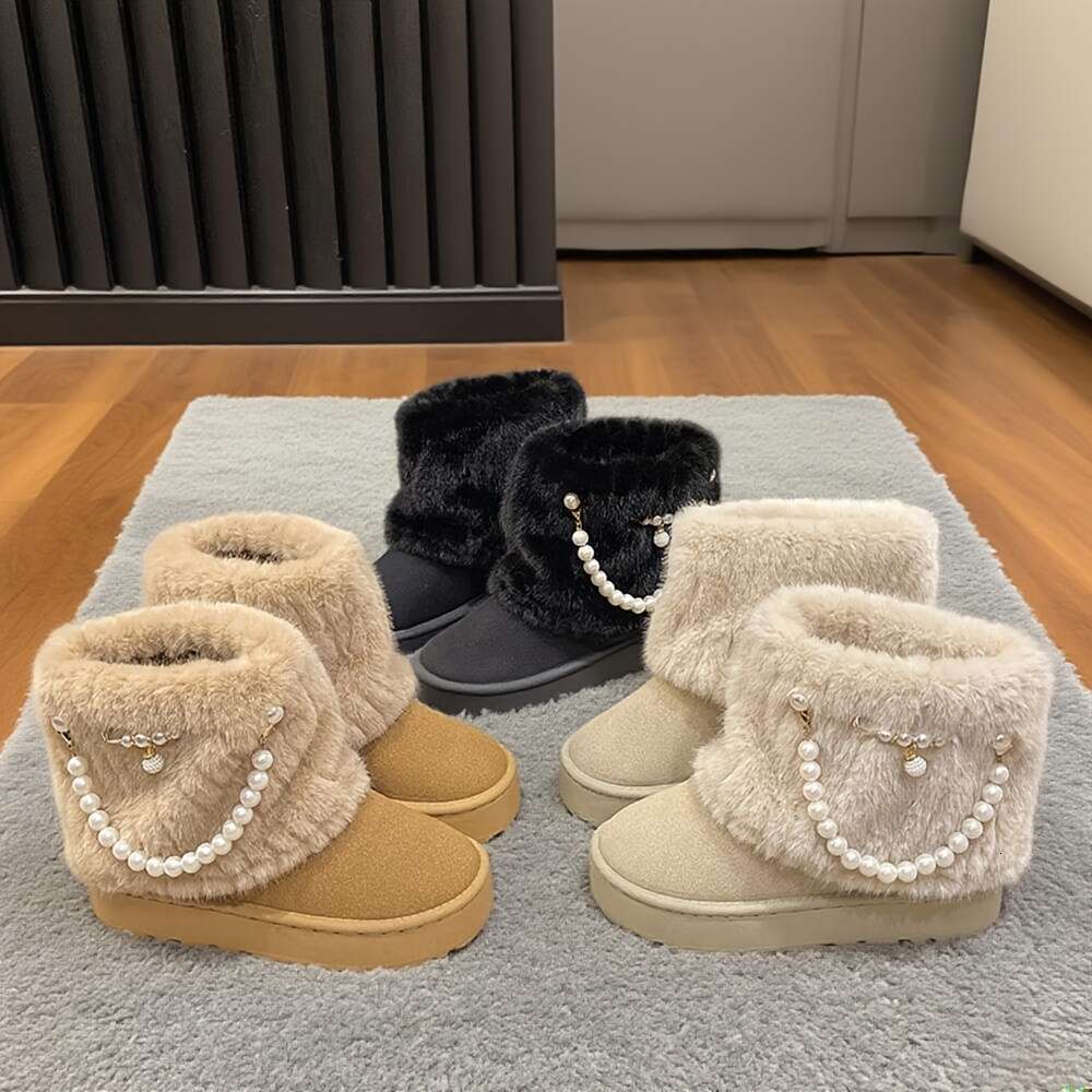 Women's Slip-Resistant Snow Fur-Like Faux Fur Trim Round Toe Moccasin-Style Ankle Buckle Strap Button Detailing, Soft Fabric Arch, Multi-Color Op
