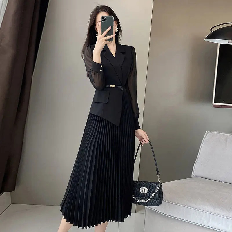 Womens Korean Fashion Blazer Patchwork Long Sleeve Dresses Office Lady Elegant High Waist Black Slim Pleated Midi Dress 251020