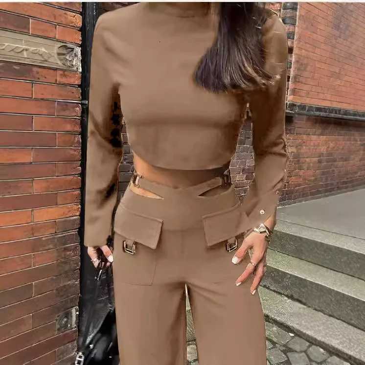 Women Pant Set Two Piece Sets Turtleneck Full Sleeve Cropped Top Sexy Wide Leg Long Pants Loose Casual Elegant Matching SetsT251022
