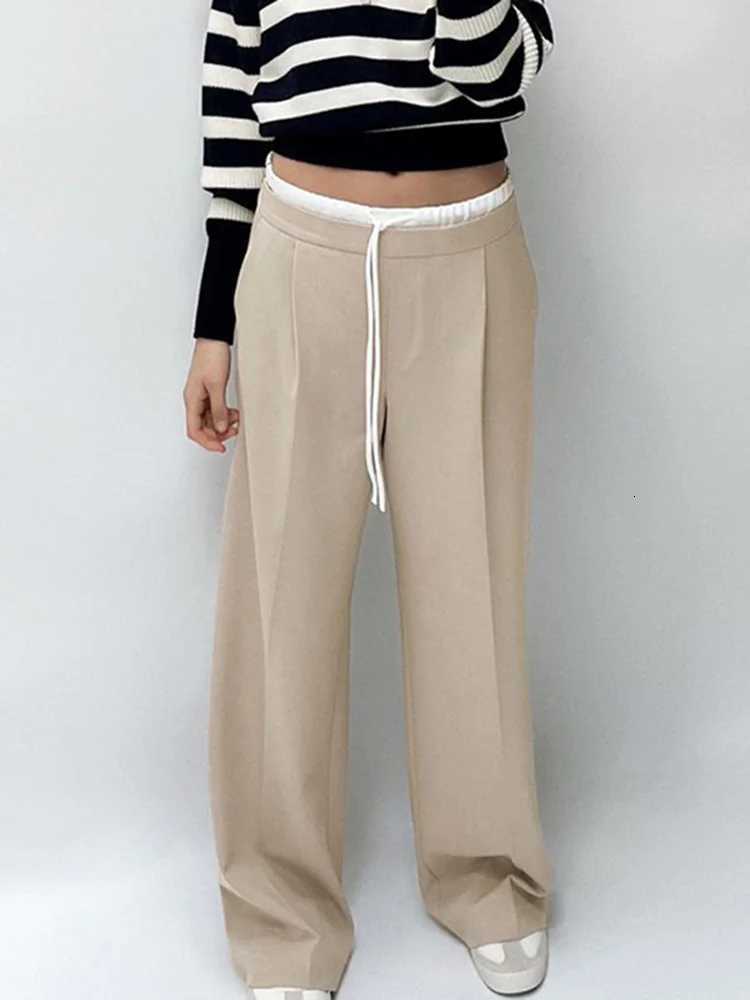 SIYANG 2024 Women Fashion Vintage Solid Straight Pants Side Zipper Drawstring Casual Trousers Spring New Female Wide Leg PantsT251022