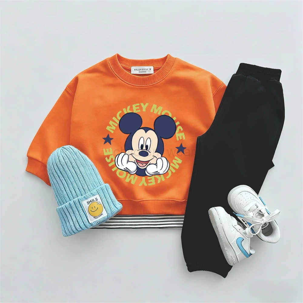 Disney Long Sleeve Outfits For Child 2025 Autumn Clothing Cartoon Sweatshirts Black Sweatpants Kids Lovely Hoodies Crewneck Wear H251022