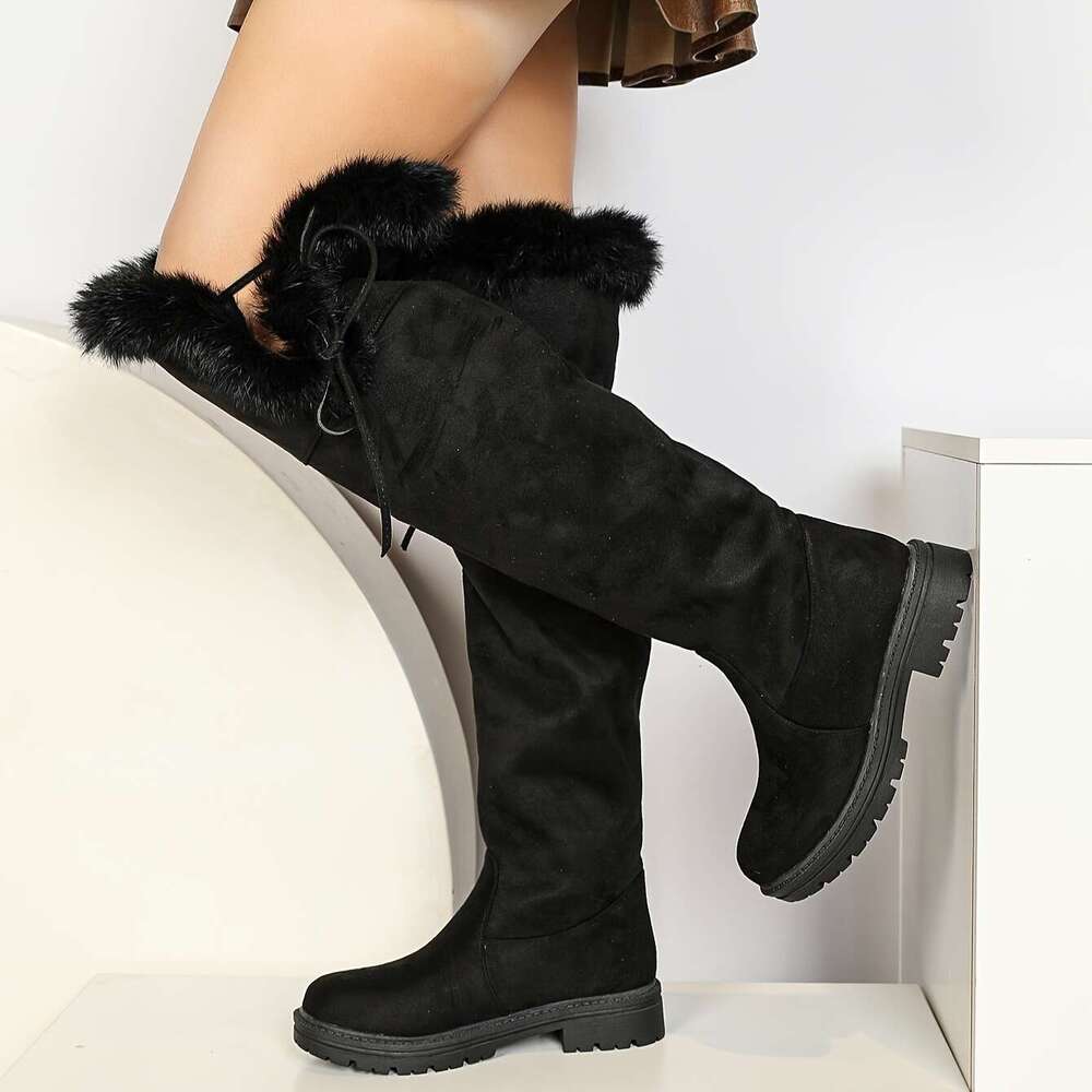 Women's Thick Platform Heels, Slip-On Knee-High With Non-Slip Rubber Sole, Warm Fabric Lining Black Boots For Weather, Formal & Everyday Outfits 