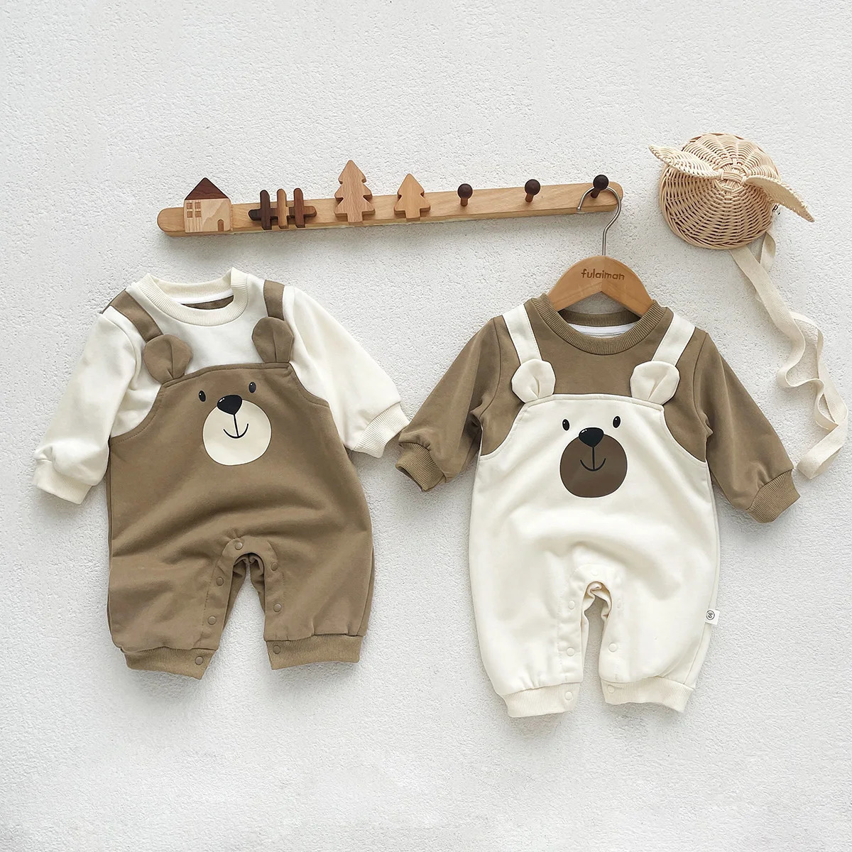 Autumn Baby Bodysuit Little Bear Pattern Dual Color Long Sleeve Warm Jumpsuit Clothes Boys Girls Romper 02 Years Old 251022