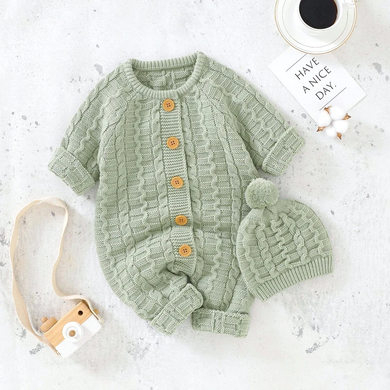 Winter Baby Rompers Clothes Solid Long Sleeve Knitted born Boys Girls Jumpsuits Hats Outfits Sets 018m Autumn Infant Costume 251022