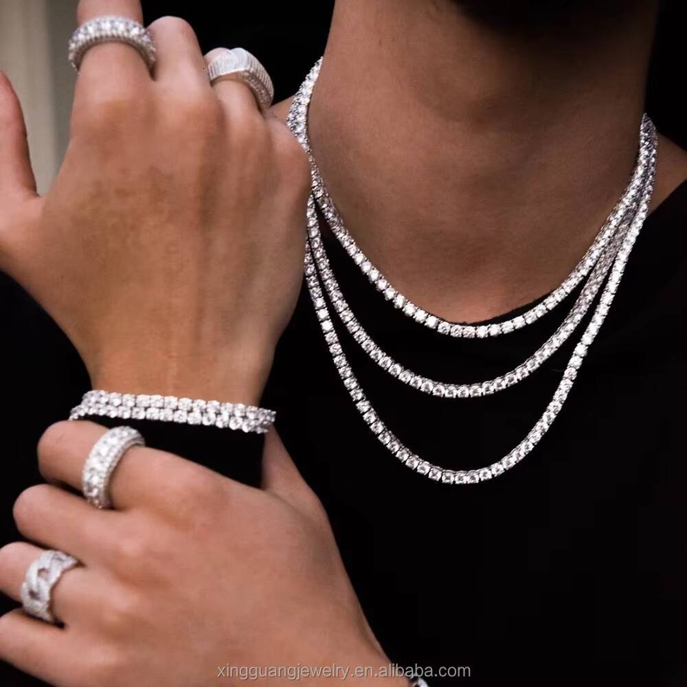 XingGuang Jewelry Hot Sale 2mm5mm D Color VVS Moissanite Tennis Chain Necklace Bracelet 925 Sterling Silver Moissanite Chain