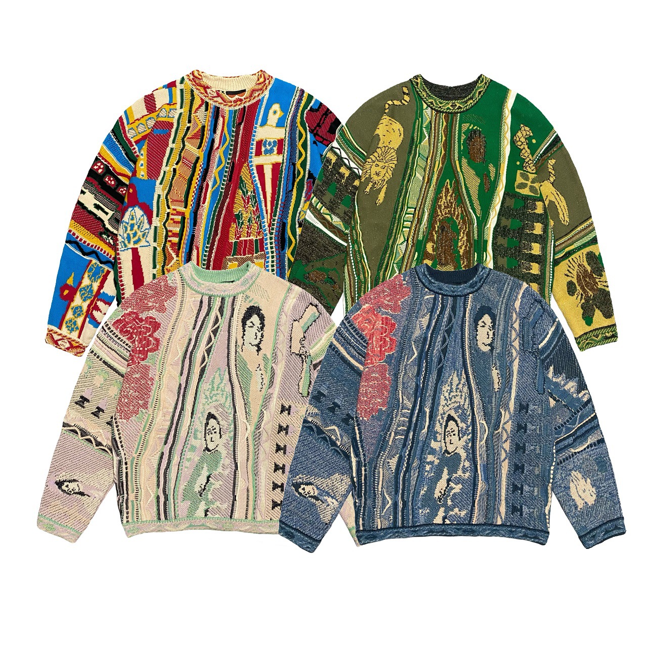 Kapital Vintage Men's Sweaters National Characters Bitter Gourd Pattern Jacquard Japanese O Neck Pullover Knitwear For Male Luxurious Design Retr